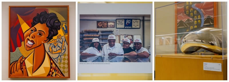 Pictured (L to R): Selections from Midway Public Art displays including Lorraine Hansberry, 30” x 36” oil on canvas by Steve Musgrave; Michelle, Mr. B. Jessican and Javell, Old Fashioned Donuts (Roseland) by Jonathan Michael Castillo; and Model for Cloud Gate, 2004 Stainless steel. 